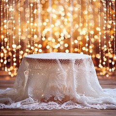 christmas decoration on the wall,A whimsical with a whimsical white lace tablecloth, set against a gleaming polished stage background,