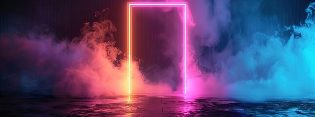 square neon frame glowing with pink and orange colors in the middle of a dark room with smoke