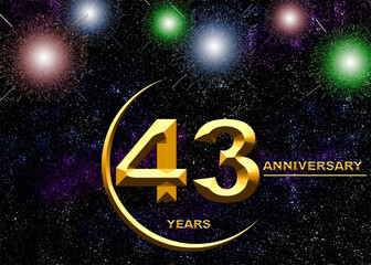 3d illustration, 43 anniversary. golden numbers on a festive background. poster or card for anniversary celebration, party