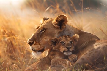 The Lioness and Her Newborn Cub Resting Peacefully in the Golden Savanna Sunlight a Powerful...