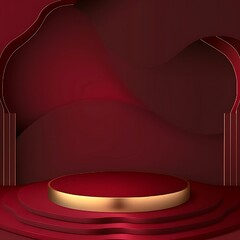 Realistic 3D dark red, gold cylinder pedestal podium with wavy shape layers background. Abstract minimal scene mockup product stage showcase, Promotion display. Generative Ai