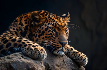 Majestic Leopard Resting Attentively on Rocky Terrain in Dark Wilderness Environment