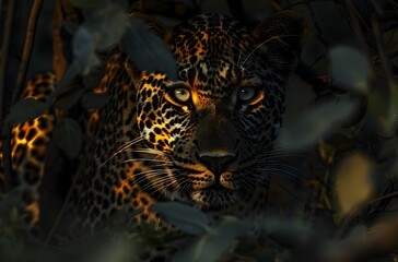 Fierce Leopard Lurking in Shadows of Jungle Foliage
