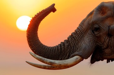 Magnificent Elephant Silhouette Against Vibrant Sunset Sky in African Savanna Landscape