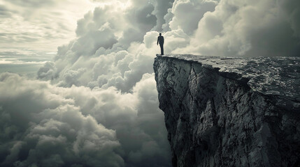 Concept Art of a Man Standing on the Edge of a Rock Ledge With a View of a Vast Cloudy Sky