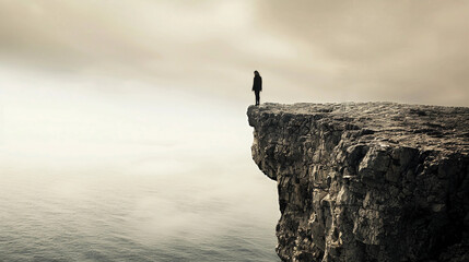 Concept Art of a Woman Standing on the Edge of a Rock Ledge With a View of a Vast Cloudy Sky