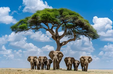 Herd of Majestic Elephants Roaming the Vast Serene Savanna Landscape under a Cloudless Blue Sky