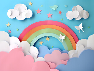 Rainbow and white clouds from paper. DIY and kid's creativity. Children's DIY crafts to International world day of peace
