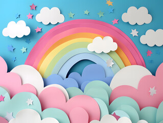 Rainbow and white clouds from paper. DIY and kid's creativity. Children's DIY crafts to International world day of peace