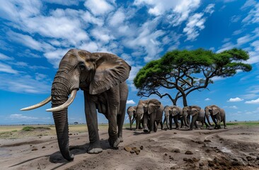 Fototapeta premium Herd of Majestic Elephants Roaming the Vast African Savanna Landscape Under a Dramatic Sky