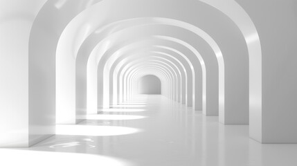 A long hallway featuring white walls and arched doorways with a futuristic feel
