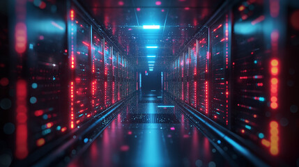Fototapeta premium Abstract door in tunnel with digital data center light signals. Future computer technology concept of cyber gate in cyberspace or metaverse. Fantasy cyber door or portal in data center. Tech banner.