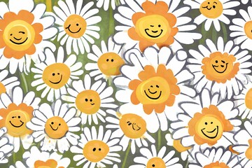 Groovy daisy flowers face collection. Retro chamomile smiles in cartoon style