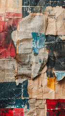 An abstract grunge background with a newspaper texture collage and an old vintage poster, featuring retro aged paper in a shabby style.