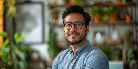 A man in his office with a modern interior, looking at the camera and smiling, wearing a blue shirt.