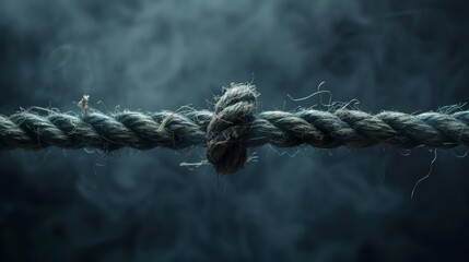 Detailed visual of a breaking rope with frayed ends, emphasizing the moment of tension, captured against a somber backdrop