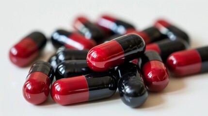 A collection of red and black medical capsules arranged in a pile on a white surface