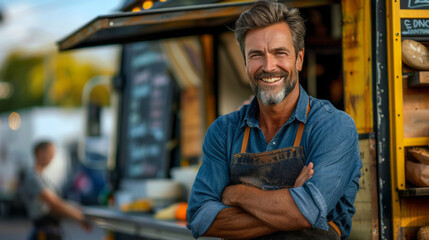 A man standing in front of his food truck smiling with his arms crossed, wearing an apron and a blue shirt. - Powered by Adobe
