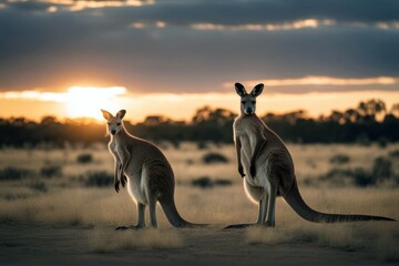 'sunset outback kangaroo australia animal mammal wildlife nature marsupial wild cervid zoo grass brown australian wallaby young cute red joey baby cloud landscape dusk golden hour' - Powered by Adobe