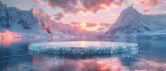 An icy circular podium on the surface of an icy lake surrounded by arctic mountains during sunrise.