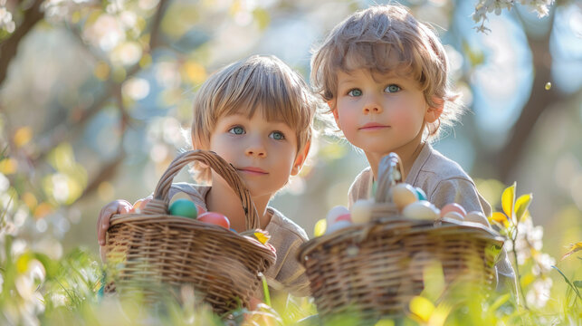 Two young boys holding baskets while searching for easter eggs.