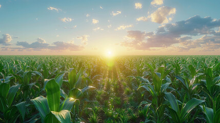 A wide field of green corn plants, with the sun setting in the background, the sky is blue and has scattered clouds, and there is a path leading through the field.