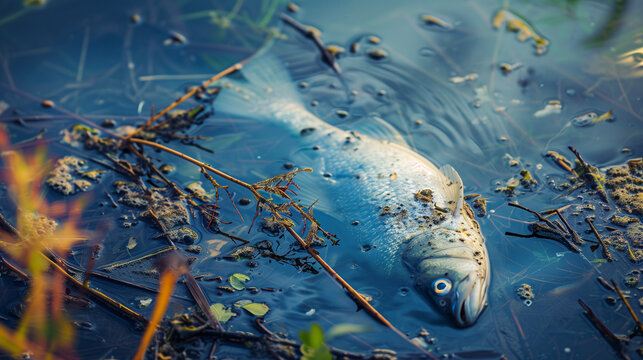 Fish dead killed from polluted water in lake pond. global warming