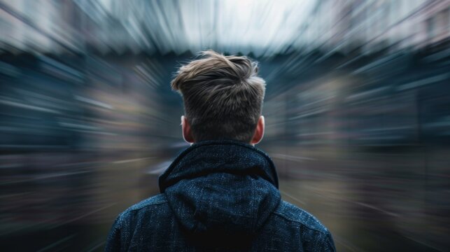 A man stands in focus against a blurred background, showcasing the effects of ADHD on attention and perception
