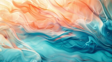 A colorful blend of orange and blue hues creates a fluid, wave-like pattern. The abstract image showcases a smooth transition from warm to cool tones, resembling flowing liquid or silk