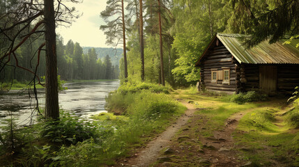 Trail to the wooden cabin in the forest near the river