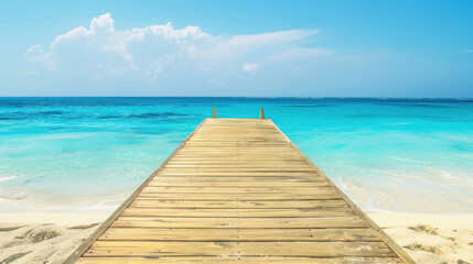 Obraz premium Wooden pier on a sandy beach going to a beautiful blue sea