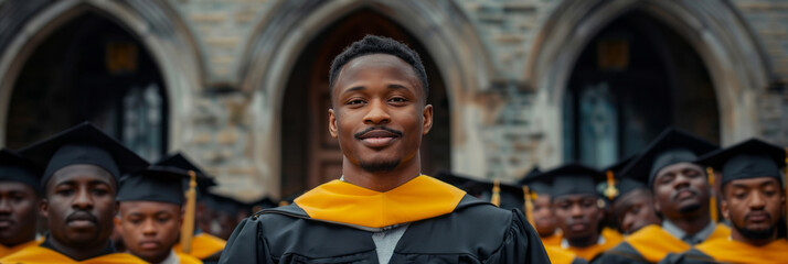 A young man standing in front of his group, wearing black graduation gowns and holding their gold diplomas in their hands, smiling with bright eyes.
