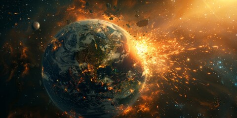 A massive asteroid crashing into Earth, viewed from space showing the Earth and an asteroid in orbit, with dramatic lighting and sparks flying around.