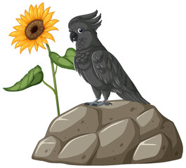 Illustration of a cockatoo with a sunflower on a rock.