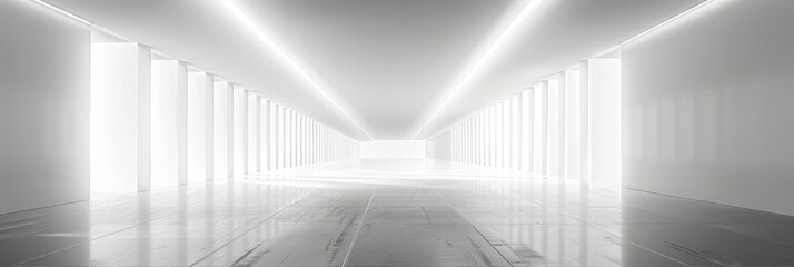 A 3d render of an empty white tunnel with light at the end, providing a futuristic technology background and an abstract minimalist wallpaper.
