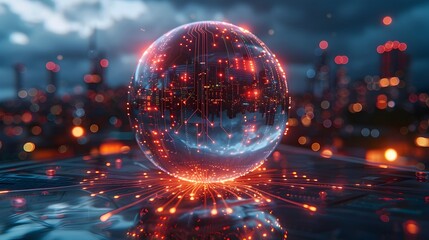 Illuminated Circuit-Embellished Glass Sphere Reflecting a Futuristic Digital Landscape