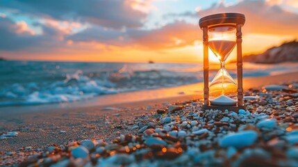 Biblical theme of time's urgency portrayed through an hourglass at sunset on a beach, professionally lit against an isolated background