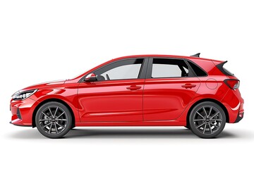 side view of Red hatchback car is isolated on white background. Generative Ai