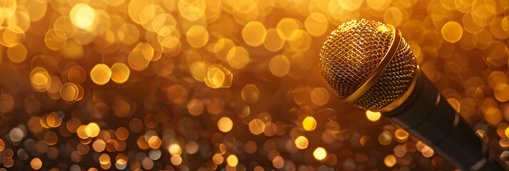 A professional microphone with a bokeh background, Singer performs on stage microphone shines audience celebrates music.