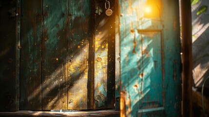 A rustic, vintage door slightly open, with golden light streaming through, hinting at hidden treasures and successful ventures beyond