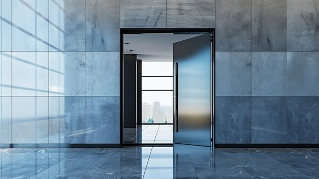 A sleek, modern door opening to a high-tech office environment, illustrating the threshold to corporate success and growth