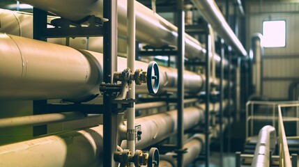 Obraz premium Close-up of a water recycling system in a production facility, clear view of pipes and tanks, focused, ambient light.