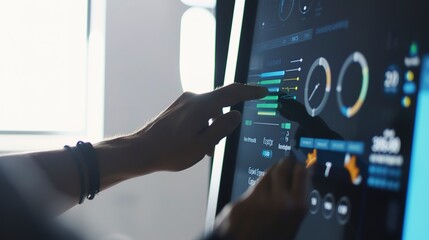 Technician monitoring energy consumption on a digital dashboard, close-up of screen and fingers, office light.