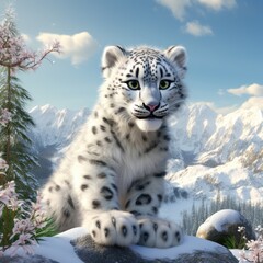 Fototapeta premium Snow Leopard Relaxing on Snowy Hilltop
