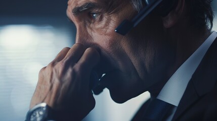 Corporate executive on a call, serious expression, crisp white light, close-up 