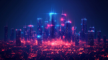 Fototapeta premium concept of smart city or digital twin in construction industry, graphic of buildings with digital technology element.