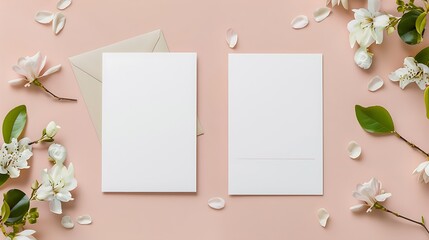 Two wedding invitation cards mockup, front and back sides, blank card mock up with stylish decor. Generative Ai