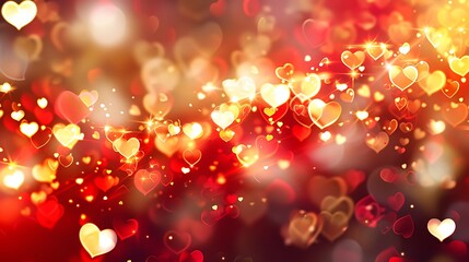 Valentine's Day red blurred vector background with golden hearts and light effects. Generative Ai