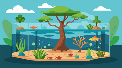A unique aquarium that simulates a mangrove ecosystem with a mix of salt and freshwater natural root structures and a diverse array of creatures. Vector illustration