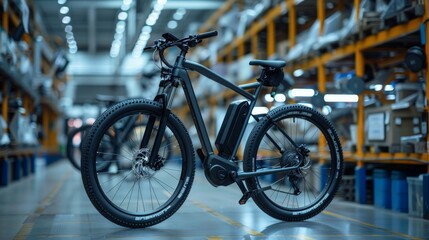 Obraz premium A sleek electric bicycle stands prominently in a modern manufacturing plant, highlighted by the organized and high-tech facility backdrop.